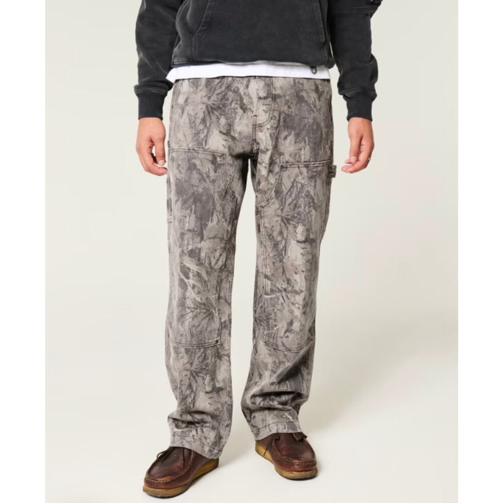 HOLLISTER Men’s Baggy Wide Leg 5-Pocket Jeans Gray Beige Camo Size 32 x 32